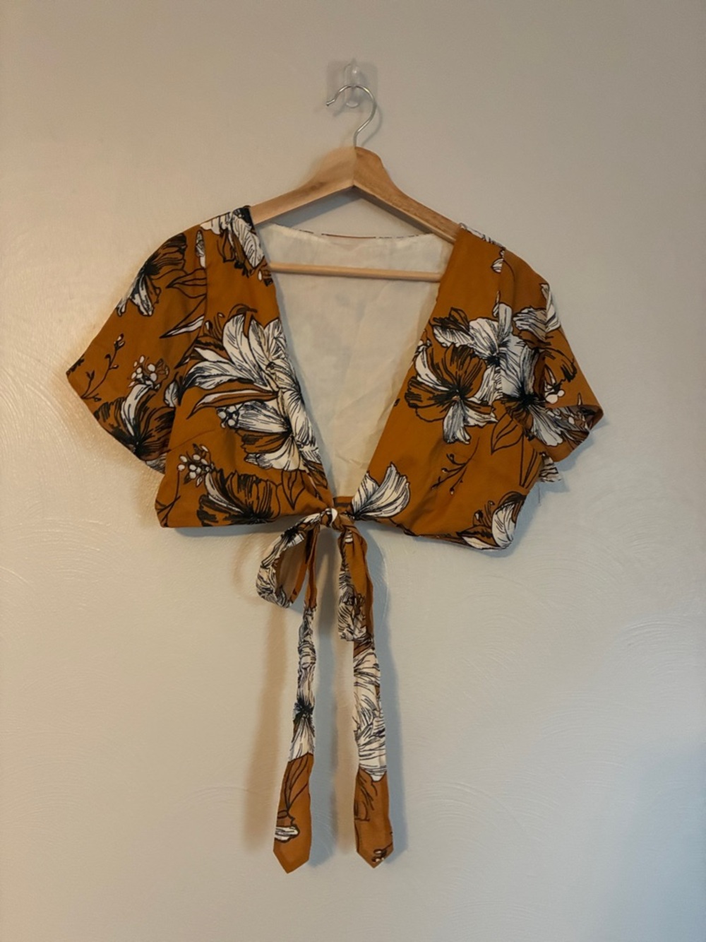 Source Unknown Mustard Floral Tie-Front Crop Top